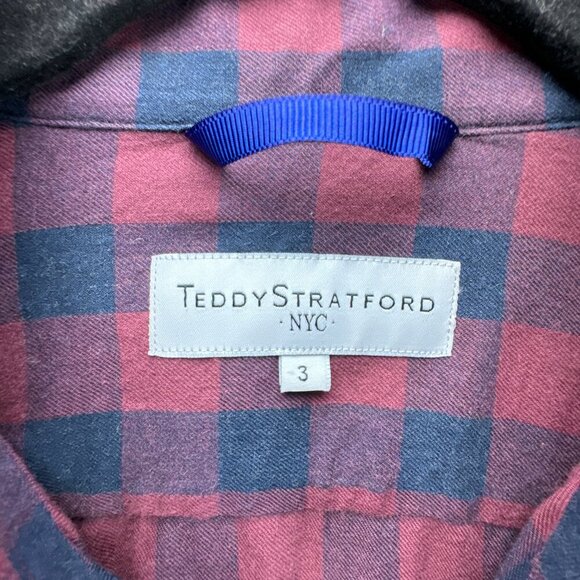 Teddy‎ Stratford Shirt Mens 3 M/L Maroon Blue Zip Button Up Check Cotton Pockets - Picture 15 of 16